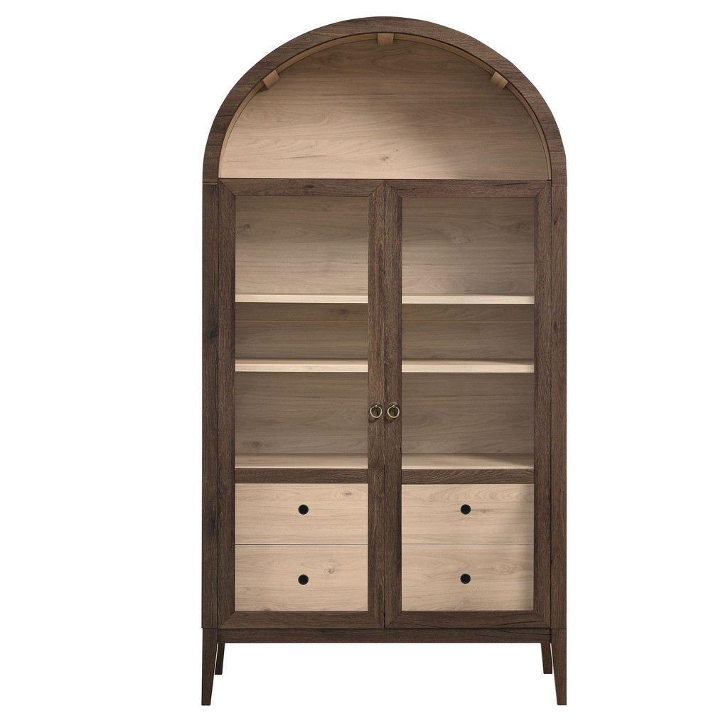 Nolan 74 Inch Tall Wide Arched Storage Display Cabinet In Walnut and Light Oak | 1stopbedrooms