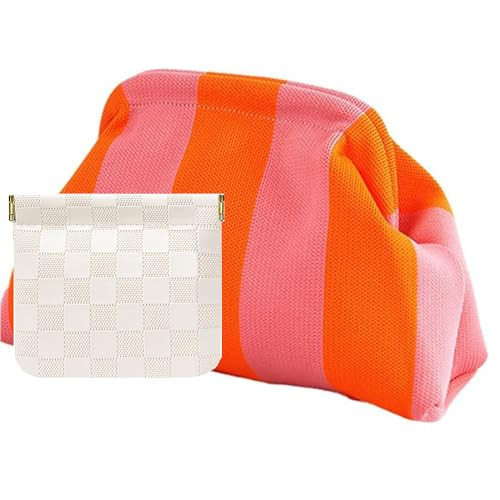 Vpoofree Clutch Purses for Women,Woven Clutch with Leather Pocket Bag,Woven Crochet Dumpling Striped Cloud Handbag Evening Bag Summer (Pink-orange Stripe Woven Clutch Purses) | Amazon (US)