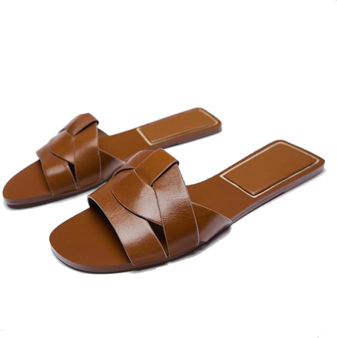 SAFECAMS Women's Flat Sandals Open Toe Criss Cross Straps Leather Slides Flat Slip On Dressy Summ... | Amazon (US)