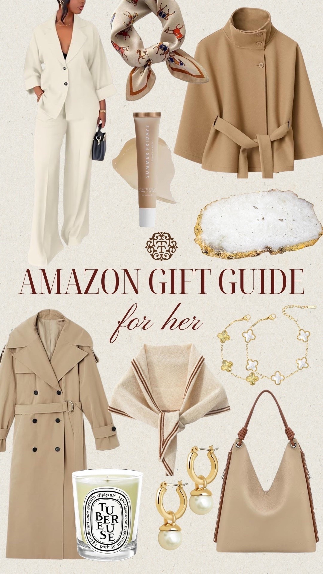 Amazon gift guide for her! Looking for something special for the chic, fashion forward woman in your life? We are loving the scarf with horse print, trench coat, and matching set. For home items we also love the agate tray and diptyque candle. 

#LTKHoliday #LTKGiftGuide #LTKSeasonal