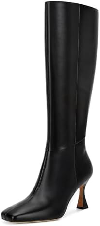 Dsevht Black Leather Knee High Boots for Women Stiletto Kitten Heeled Sexy Boots Square Toe and S... | Amazon (US)