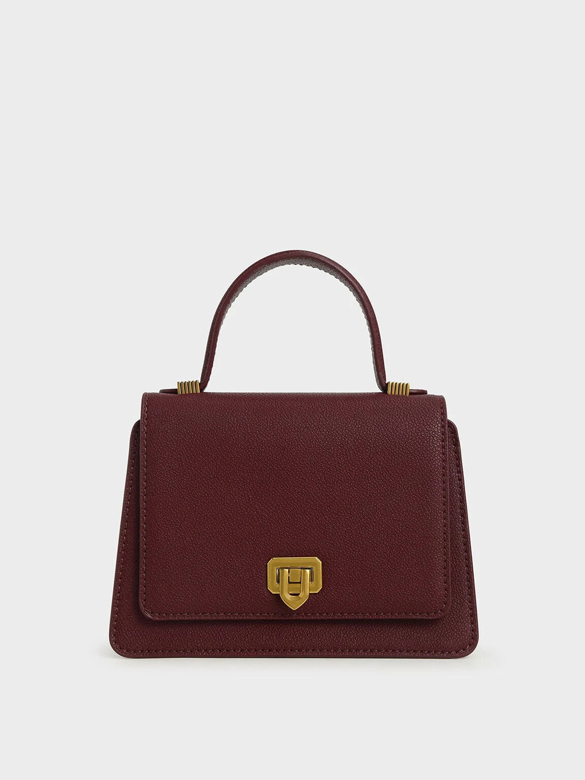 Metallic Push-Lock Top Handle Bag - Burgundy | CHARLES & KEITH (US)