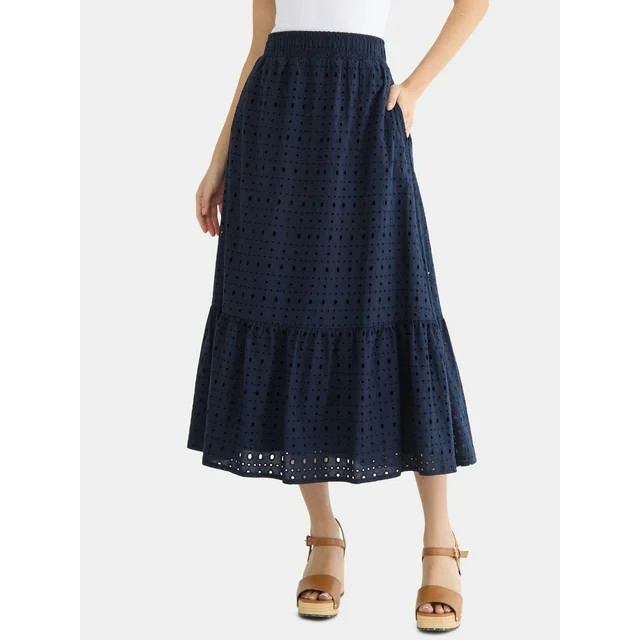 Time and Tru Woman's Cotton Eyelet Tiered Midi Skirt with Elastic Waistband, Sizes XS-XXXL - Walm... | Walmart (US)