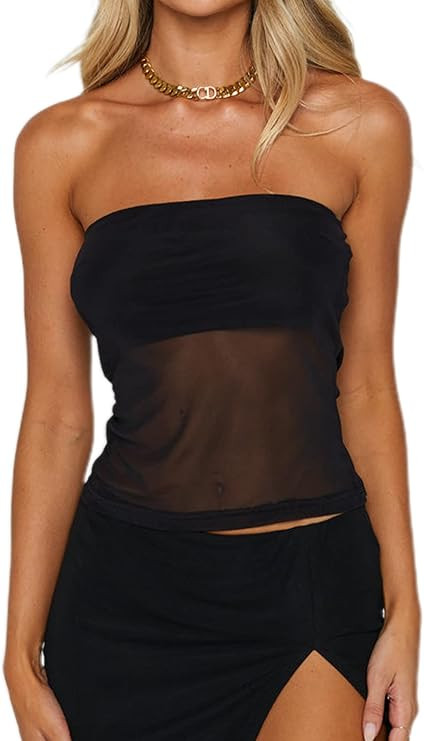 CSDAJIO Women's Sexy Sheer Mesh Tube Top Strapless Bandeau Tops See Through Going Out Crop Top | Amazon (US)