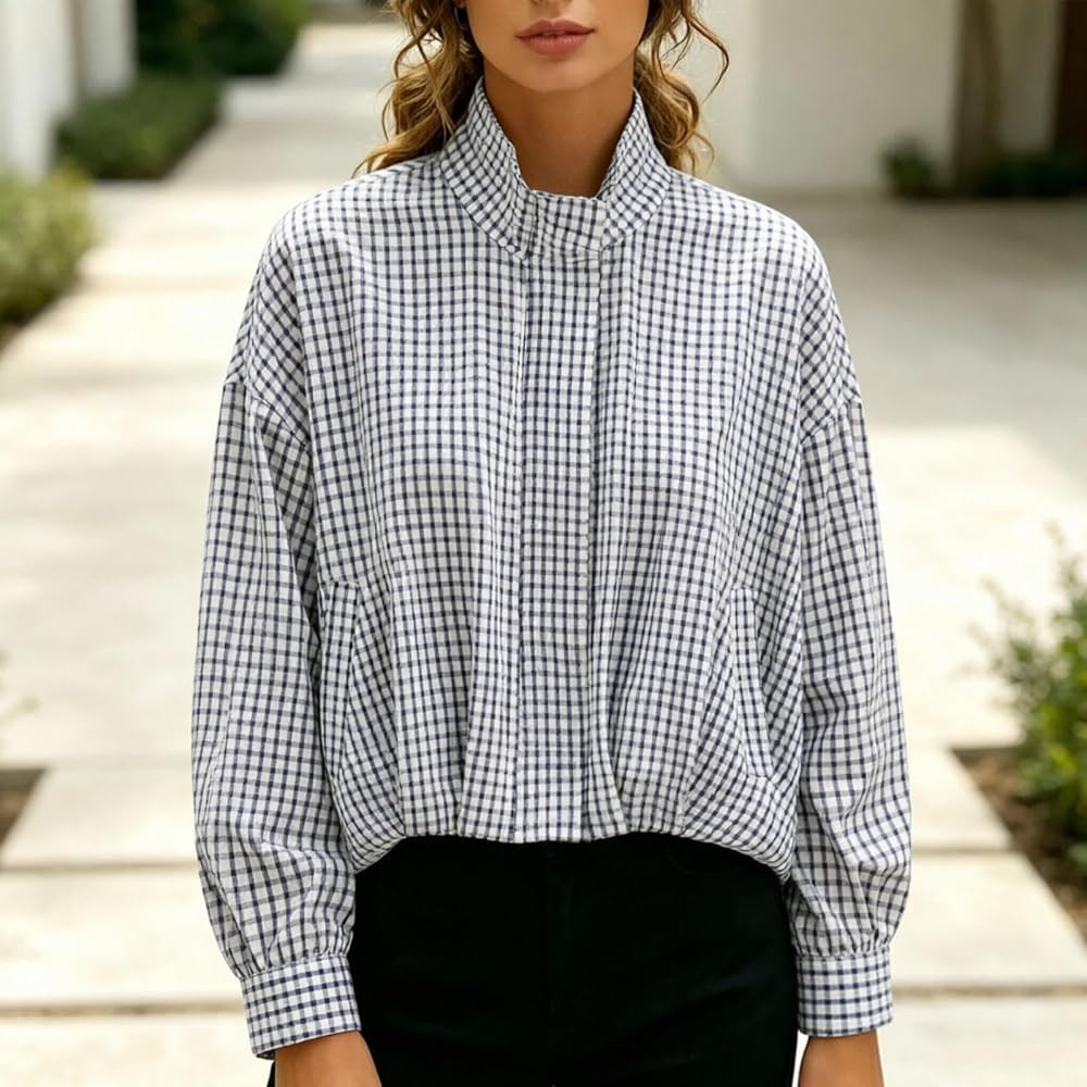 Women's Plaid Jacket Casual Long Sleeve Checked Bomber Jackets Stand Collar, Zip Up Vintage Harri... | Amazon (UK)