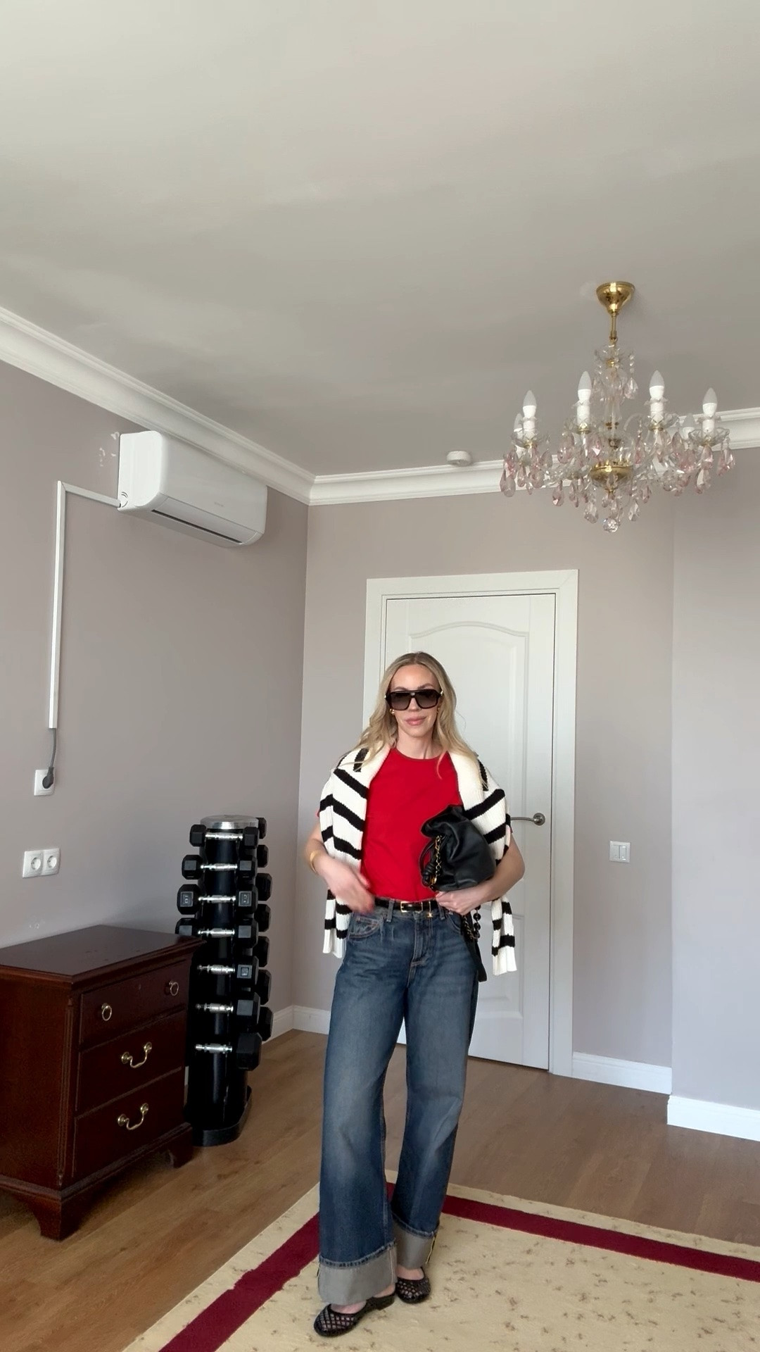 Casual outfit with red tee, cuffed baggy jeans, jelly shoes, Gucci aviator sunglasses

#LTKSeasonal #LTKOver40 #LTKSaleAlert