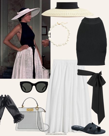 Classy summer Grace Kelly outfit inspiration: black halter neck shirt, white midi skirt, black sandals, sunglasses, straw hat, belt, handbag, & gloves 

#LTKstyletip #LTKSeasonal