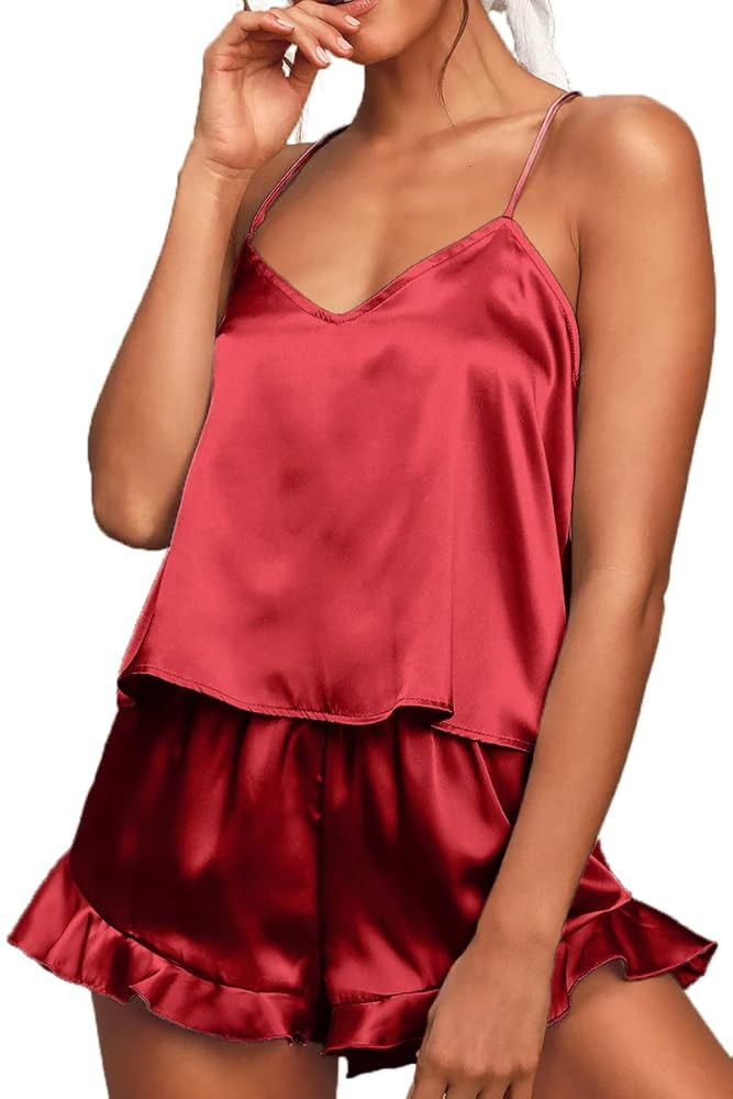 CHYRII Women's Sexy Silk Satin Ruffled Pajamas Sets Cami Shorts Sets Sleepwear | Amazon (US)
