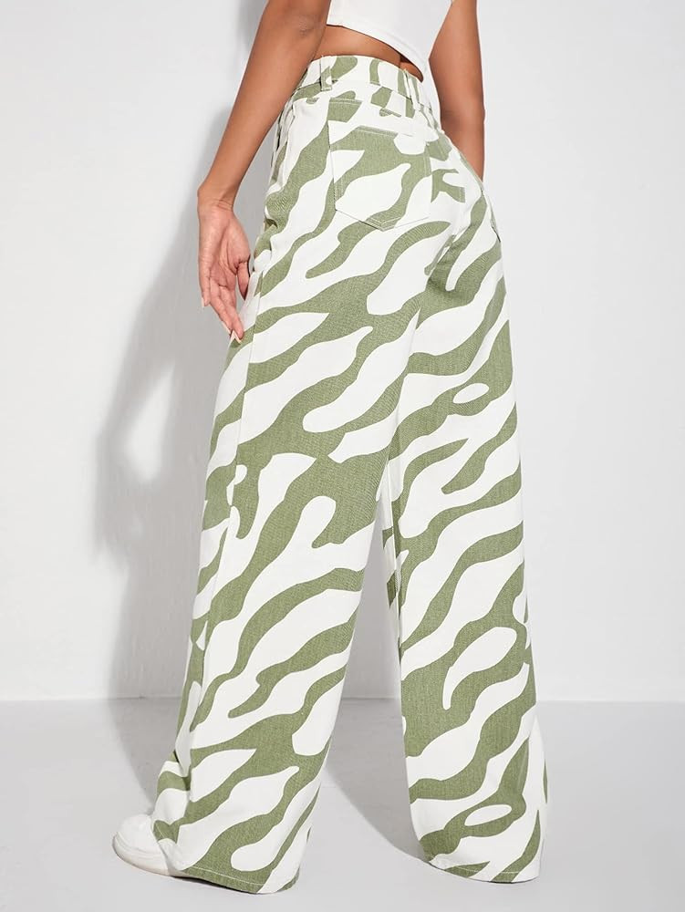 Floerns Women's High Waist Print Pants Y2K Print Wide Leg Denim Jeans | Amazon (US)