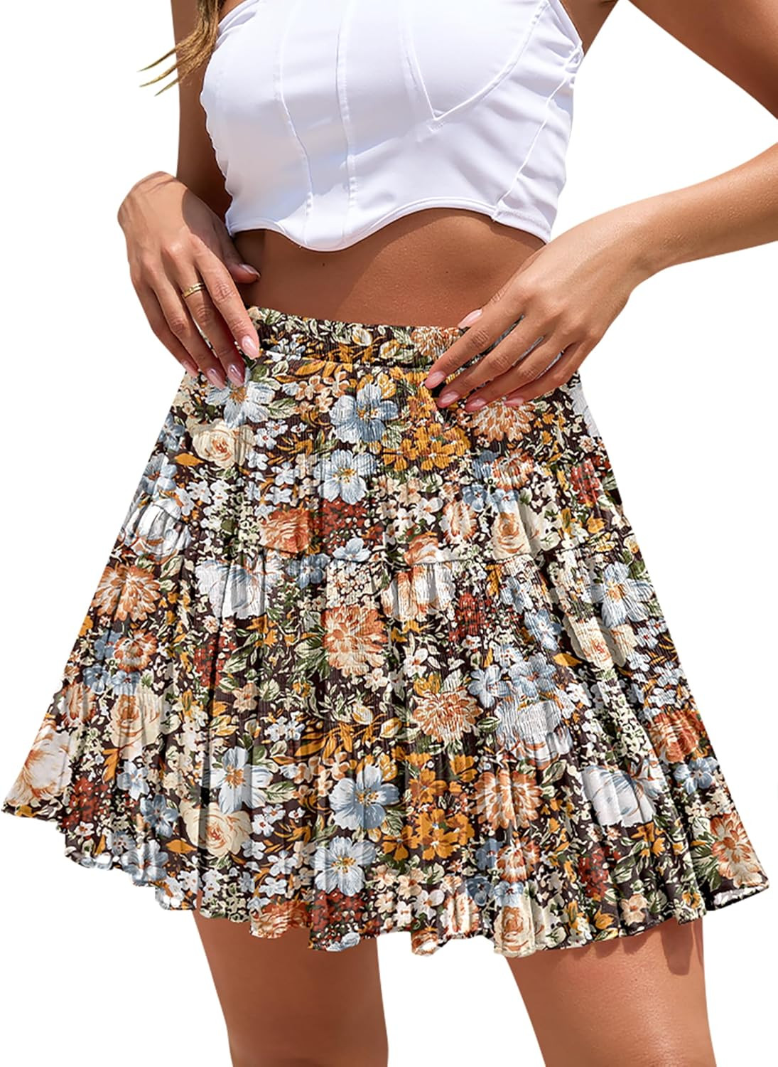 Boho Floral Flowy Mini Skirt Chiffon High Waist Tiered Pleated Short Skirts | Amazon (US)