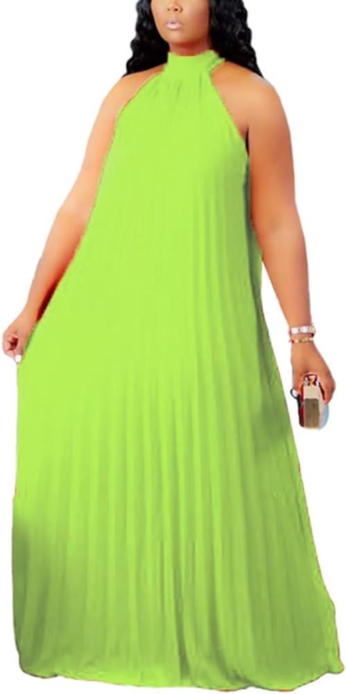 Aro Lora Womens Casual Sleeveless Plus Size Chiffon Halter Neck Pleated Loose Long Maxi Dress | Amazon (US)