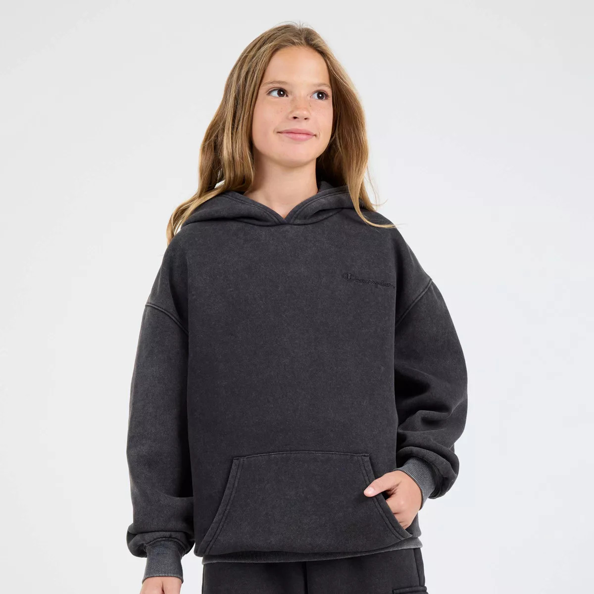 Champion Girls' Washed Fleece Oversized Hoodie - Black S | Target