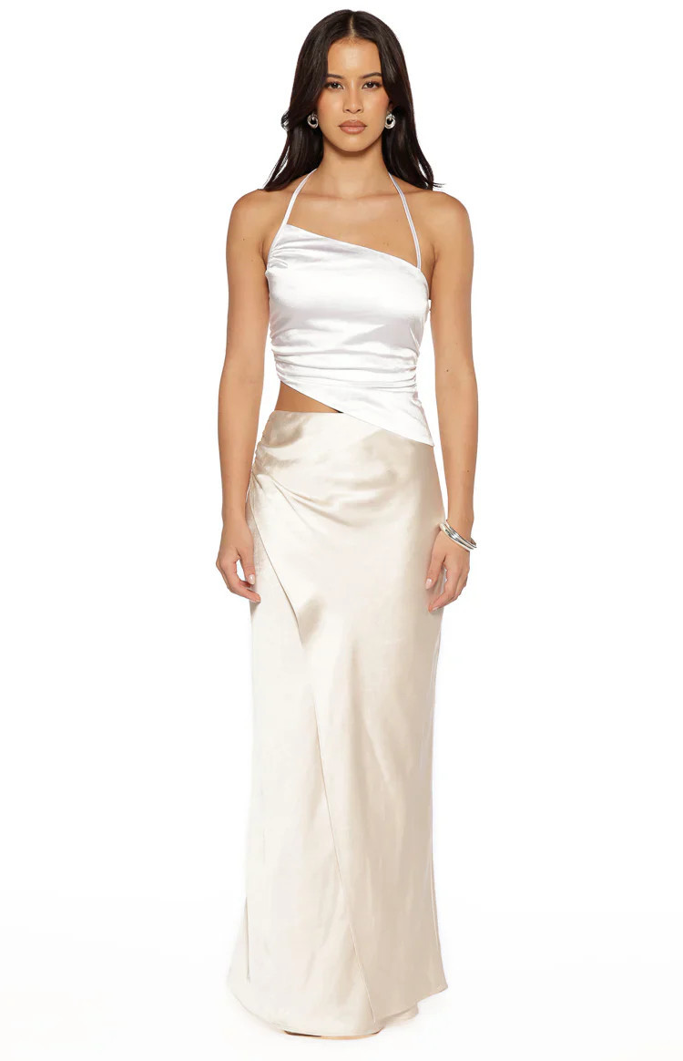 Gracie White Contrast Satin Maxi Dress | Beginning Boutique | Beginning Boutique (US)