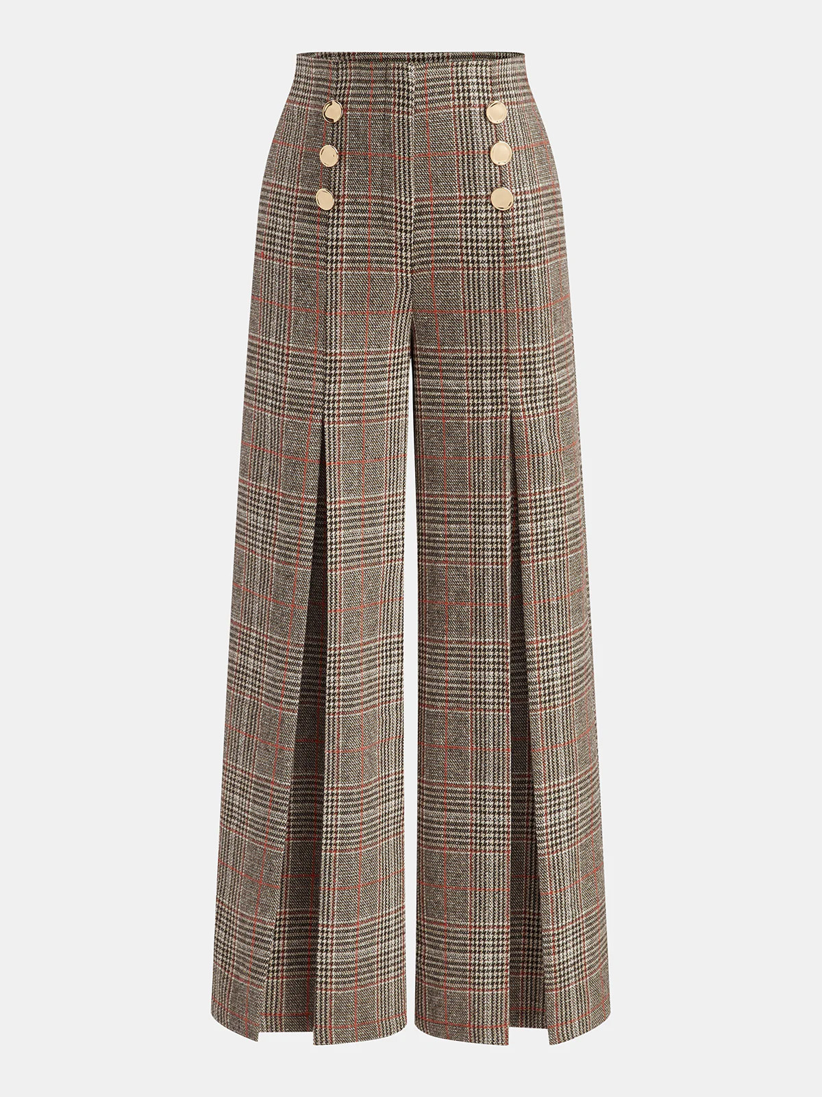 Metal Detail Slit Plaid Wide-Leg Pants | Commense