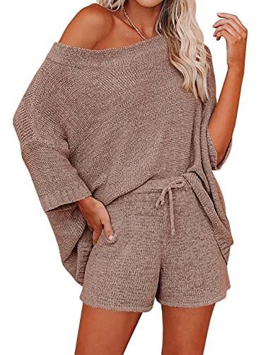 Ermonn Womens 2 Piece Outfits Sweater Sets Off Shoulder Knit Tops Waist Short Suits Casual Pajama... | Amazon (US)