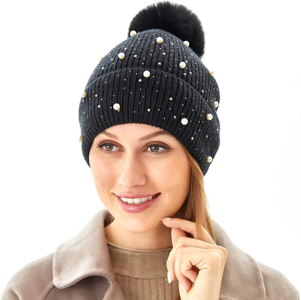 Women Beanie Winter Black Knitted Hat with Faux Fur Pom Pom Warm Chunky Soft Fleece Lined Stretch... | Amazon (US)