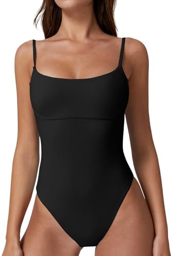 QINSEN Womens Seamed Cup Spaghetti Straps One Piece Bathing Suits Tummy Control Cheeky Swimsuit | Amazon (US)