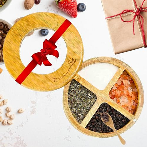 Bambuood Premium 4 Compartments Salt & Spice Cellar with Spoon - Swivel Magnetic Lid for Convenient Seasoning Access - 100% Natural Bamboo - Elegant and Eco-Friendly Kitchen Accessory. | Amazon (US)