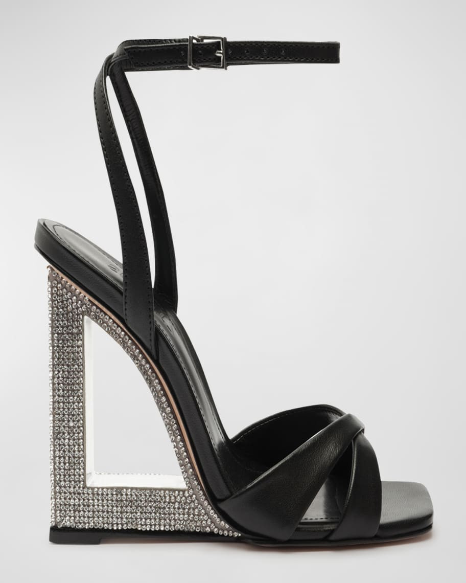 Schutz Phillie Leather Crystal-Heel Wedge Sandals | Neiman Marcus