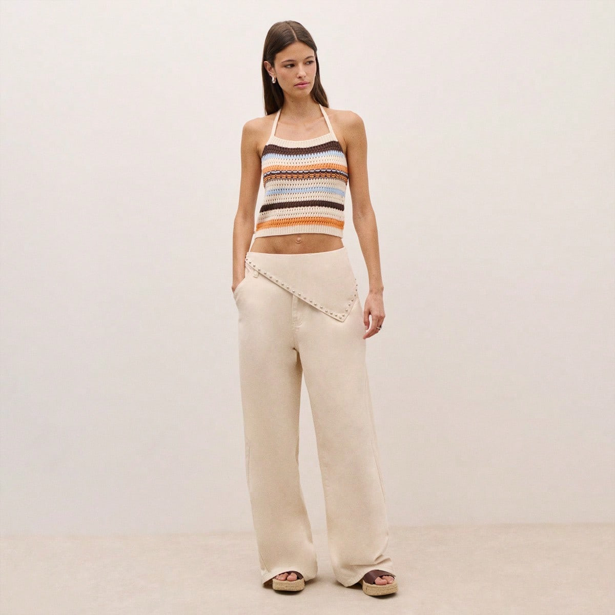 N\u00f6ista Two Pieces Medium Waist Wide Leg Pants Jeans Denim Quality With Scarf Wrap Panel Stud Trim Side Tie Closure.Spring Summer Beach Outfit Every Day Look | SHEIN