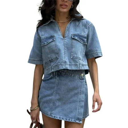Rdhnmea Women’s 2 Piece Denim Outfits Short Sleeve Lapel Tops and Shorts | Walmart (US)
