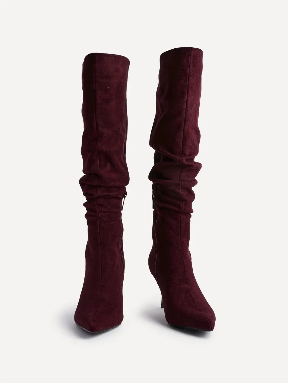 Rosenna Burgundy Faux Suede Ruched High Leg Heeled Boot | Boohoo.com (UK & IE)