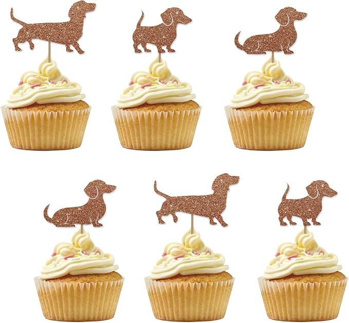 Set of 24 Dachshund Cupcake Toppers, Pet Dog Birthday Cupcake Toppers, Brown Glitter Pet Dog Pupp... | Amazon (US)