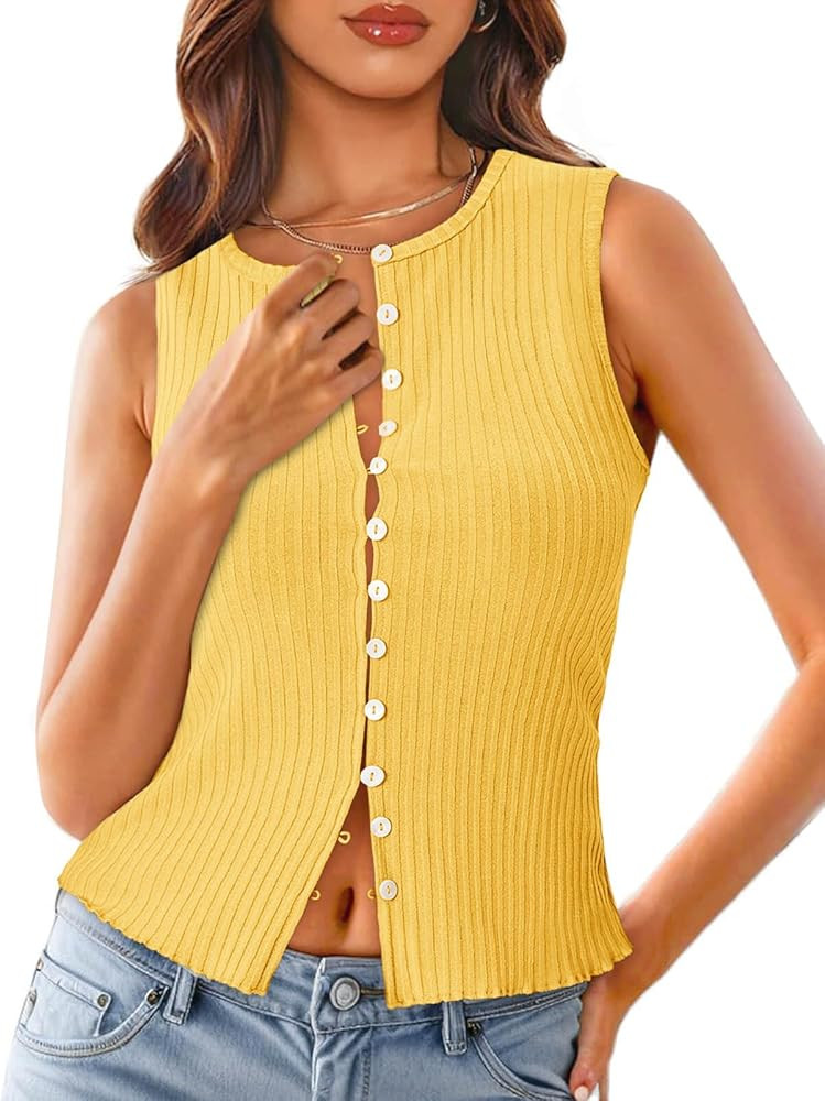 Tankaneo Womens Going Out Tops Summer Cute Ribbed Tank Crop Button Up Vest Top Y2K Sexy Outfits | Amazon (US)