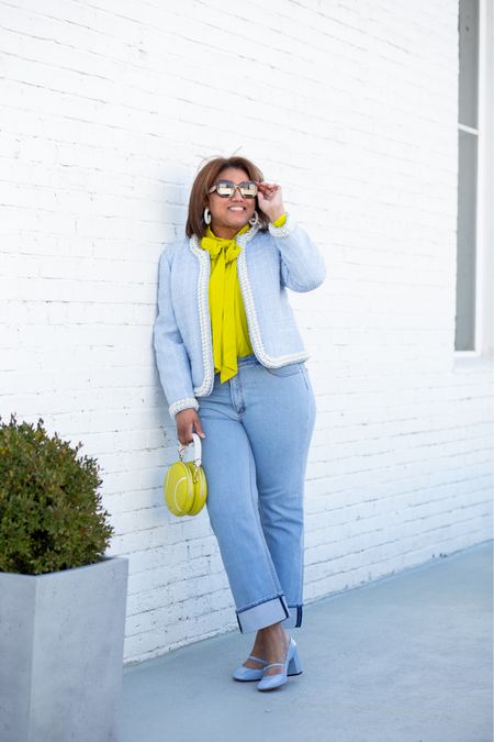OOTD!  I LOVEEE this pearl embellished jacket SO much!  I love this beauty paired with a bold citron bow blouse!  And, the jacket looks great with jeans, with the matching skirt, or with the matching dress. Fit is TTS for everything I’m wearing. 💙💛✨

#LTKFind #LTKstyletip #LTKcurves