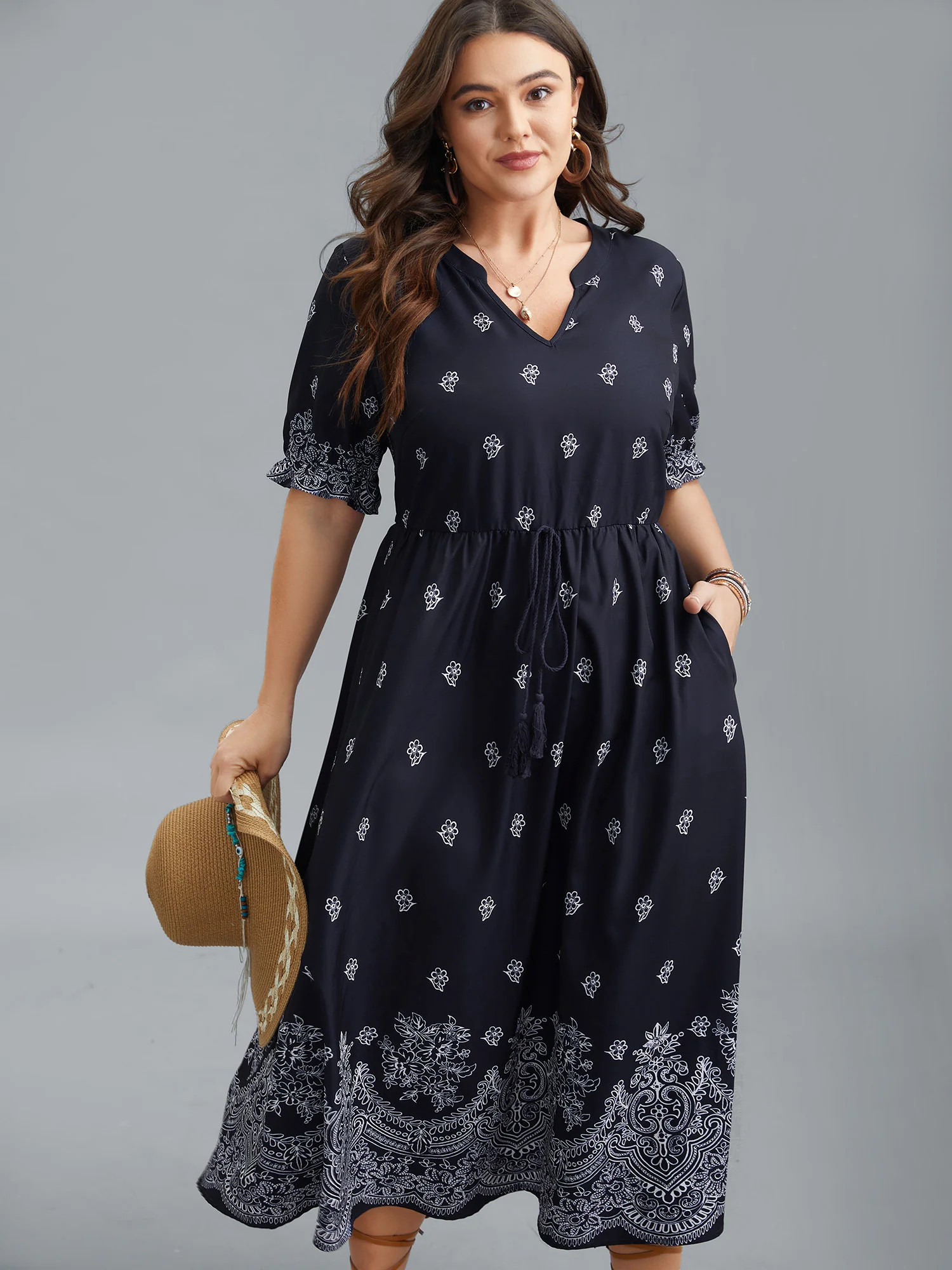 Floral Waist-Tie Notched Collar Midi Dress | Bloomchic