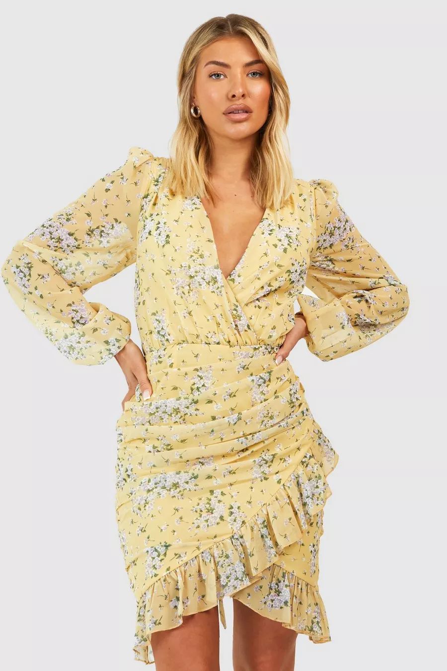 Floral Chiffon Ruched Mini Dress | Boohoo.com (US & CA)