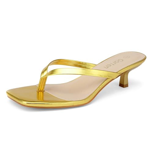 Gorfen Women's Kitten Heel Sandals Square Toe Flip Flop Thong Cushioned Summer Vacation Sandals Gold 8.5 | Amazon (US)