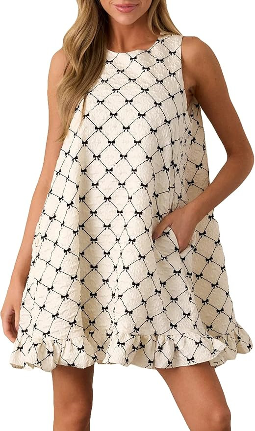 Women's Sleeveless Bow Mini Dress Crewneck Ruffle Hen Bow Print Cute Babydoll Dress | Amazon (US)