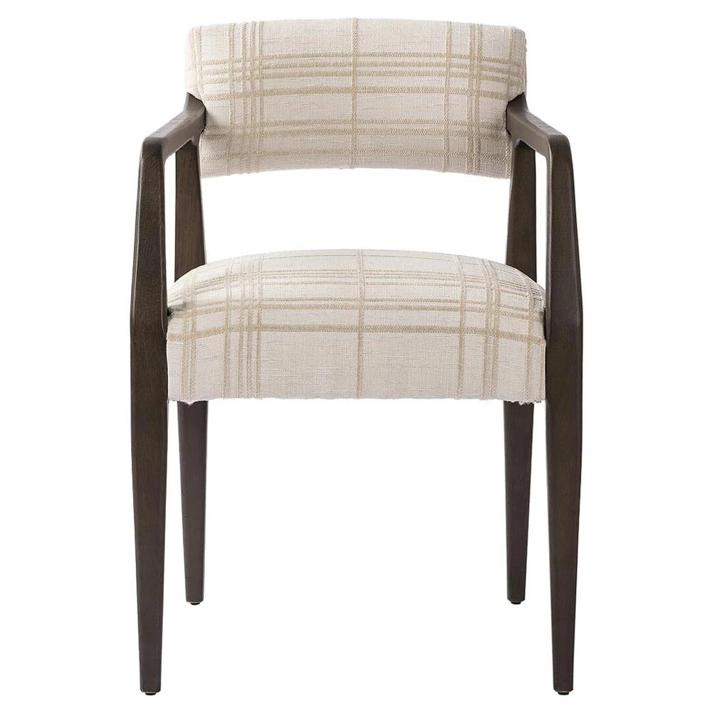 Pia Rustic Lodge Beige Plaid Brown Wood Dining Arm Chair | Kathy Kuo Home