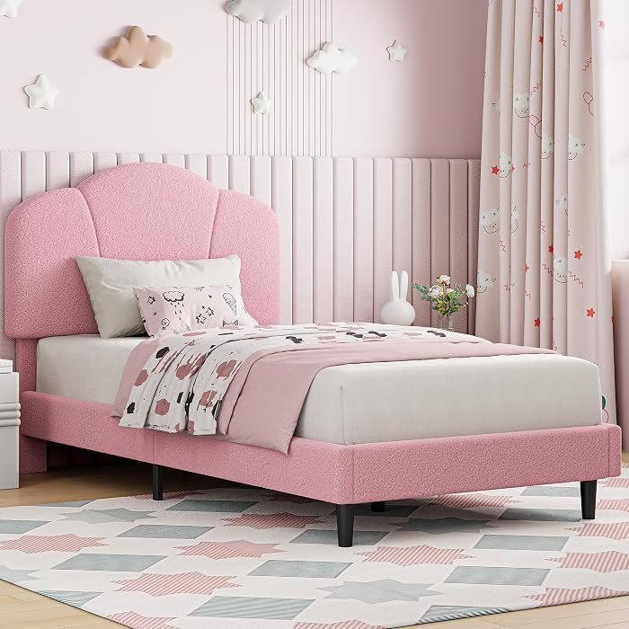 LIKIMIO Twin Size Bed Frame, Upholstered Twin Platform Bed with Headboard Lamb Velvet Twin Beds, ... | Amazon (US)