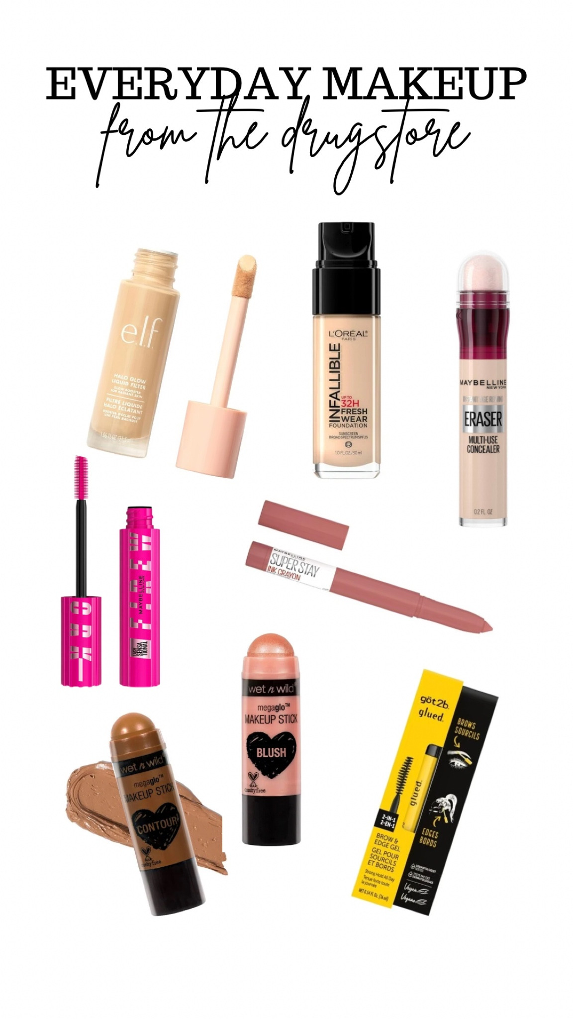 Makeup I use daily to complete my makeup in under 6 minutes. 

Only 8 products!!!

L’Oréal Infallible 24hr fresh wear - shade 410
E.l.f. Halo glow liquid filter - shade 0.5 fair
Maybelline instant age rewind concealer - shade 110
Wet and Wild megaglo contour stick - 806 where’s walnut?
Wet and Wild megaglo blush stick - peach bums 801A
Got2b glued brow gel stick
Maybelline firework mascara - blackest black 
Maybelline superstay ink crayon - achieve it all 155