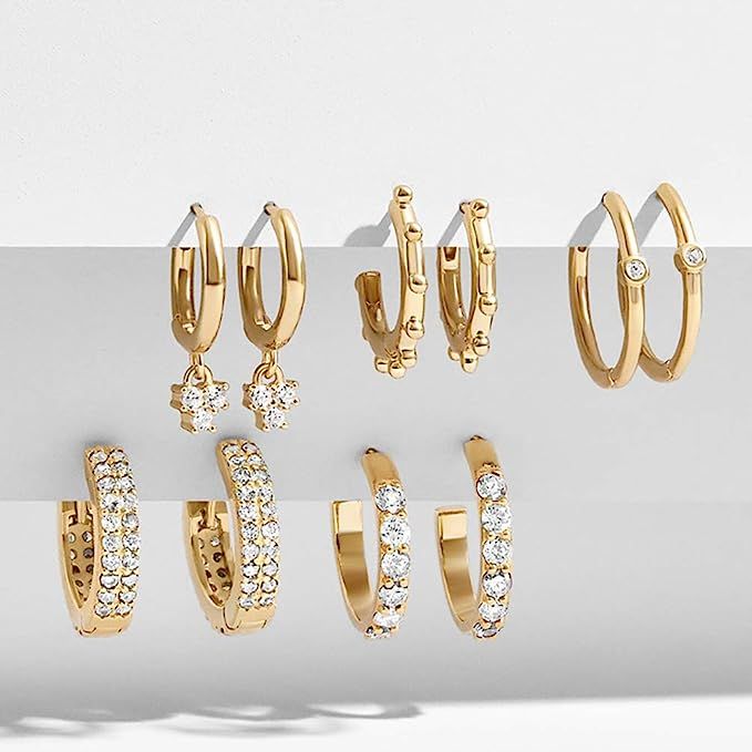 5 Paris Huggie Earrings Set Tiny Small Gold Hoop Earrings Cubic Zirconia Rainbow Crystal Dangle E... | Amazon (US)