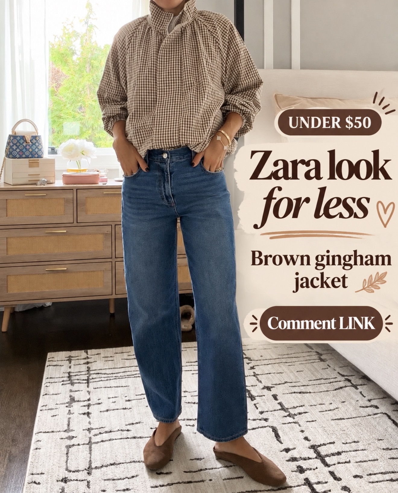 Facebook caption: This brown gingham jacket is such a cute Zara look for less—and it’s under $50! 
💬Comment LINK and I’ll send it to you.