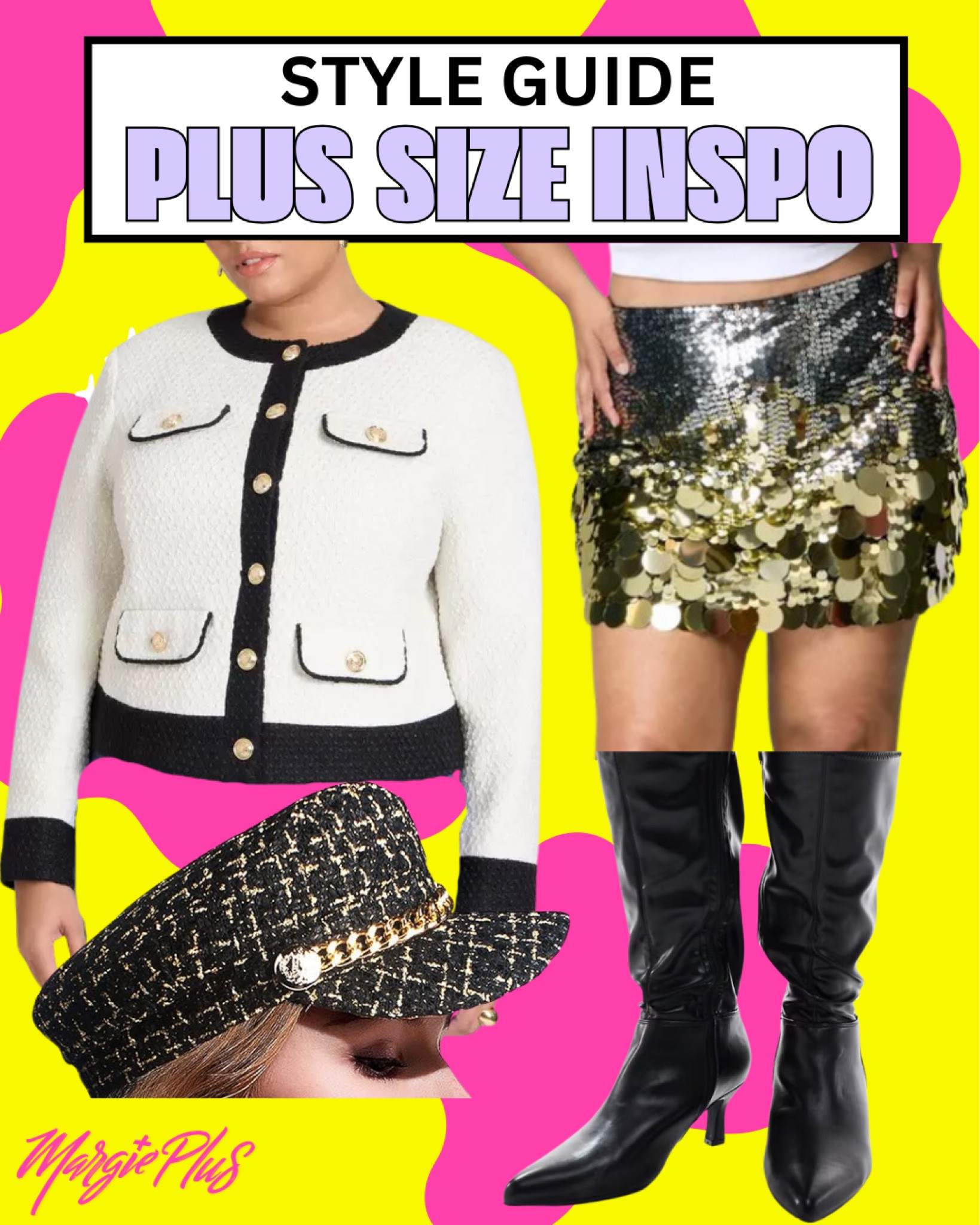 PLUS SIZE Style Inspo serving upper east sides night out on the town. I’m obsessed with this Eloquii ‘chanel vibes’ tweed jacket and matching texture hat with tall wide calf boots #plussize #plussizefashion 