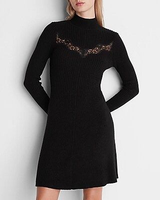 Ribbed Lace Detail Mock Neck Sweater Dress | Express