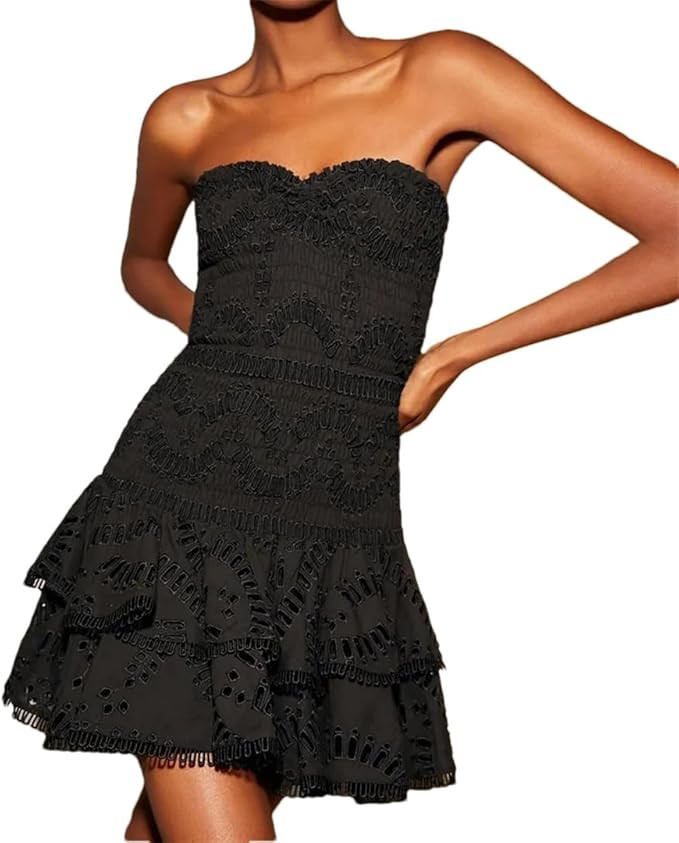 Women's Contrast Color Dress Strapless Sleeveless High Waist Slim Sexy Mini Pleated Dress | Amazon (US)