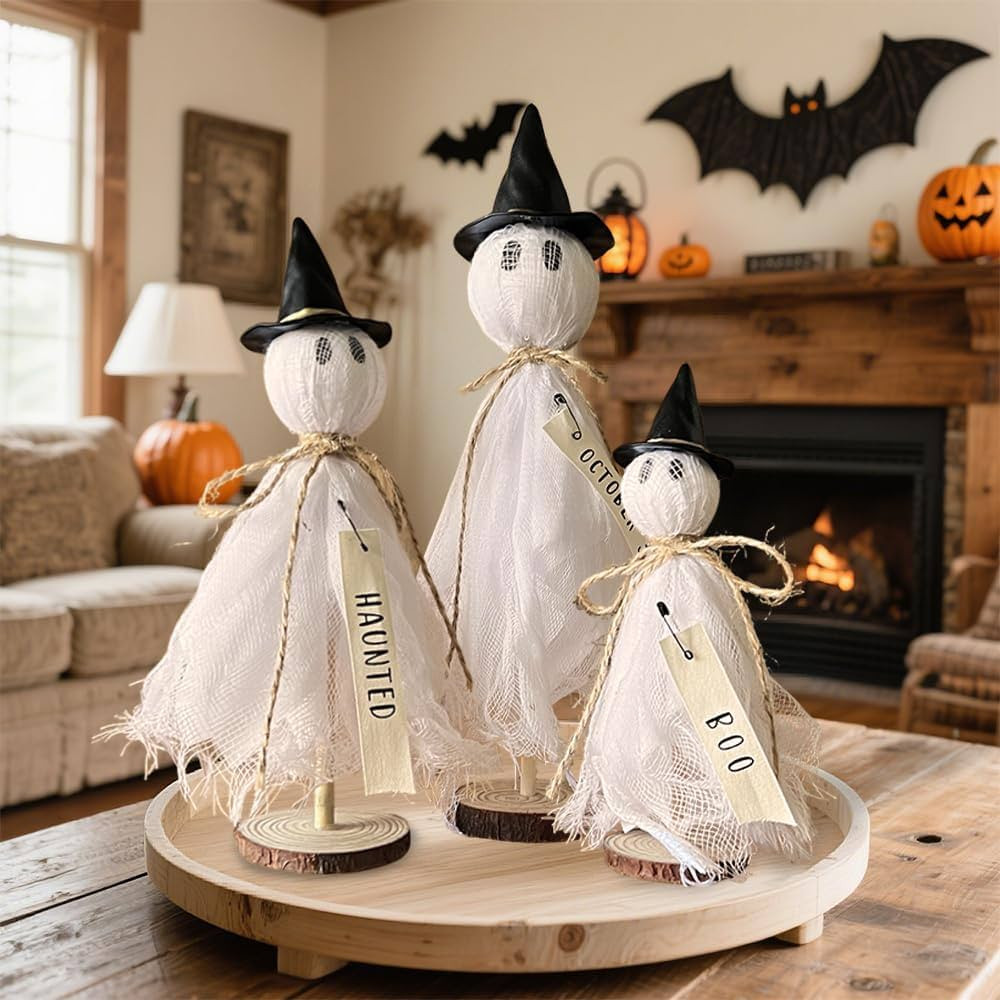 Halloween Decorations Indoor - 3 Set Primitive Halloween Ghosts with Hat, Wooden Stand Ghost Deco... | Amazon (US)