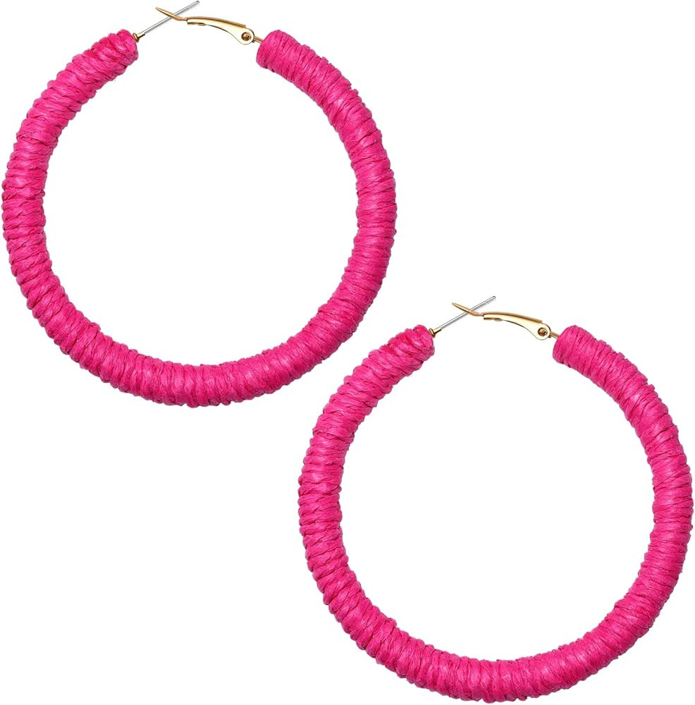 Rattan Earrings Boho Raffia Earrings For Women Handmade Woven Wicker Hoop Earrings Rattan Earring... | Amazon (US)