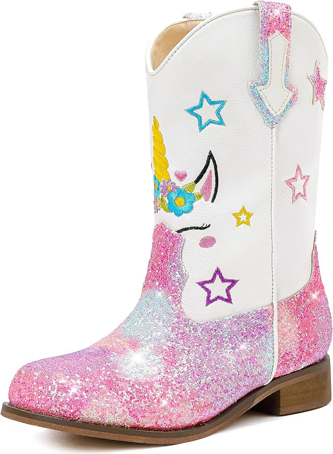 Unicorn Girls Cowgirl Boots Mid Calf Square Toe Glitter Toddler Western Cowboy Boot Little Kid Bi... | Amazon (US)