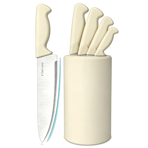 HENKELIVING Knife Set, 6-Piece Kitchen Knife Set, German High Carbon Stainless Steel, Durable & Easy Clean Knife Block, Cream | Amazon (US)
