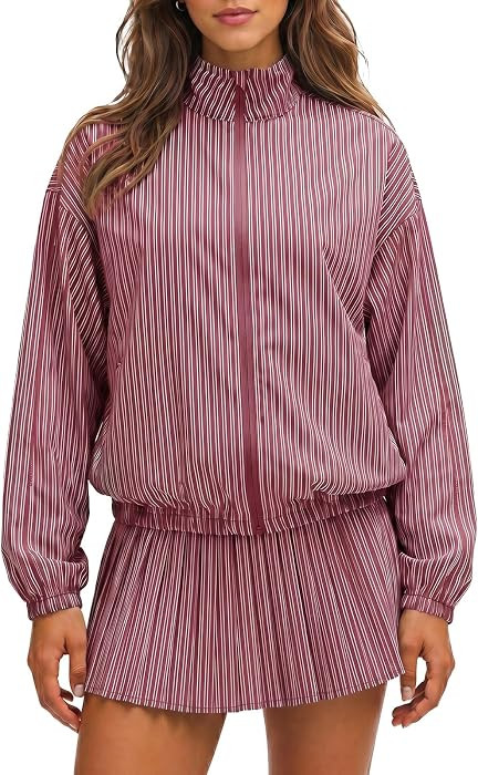 Fisoew Womens Tennis Jackets Striped 2 Piece Outfits Casual Matching Sets | Amazon (US)