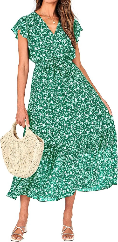 BTFBM Women Summer Bohemian Floral Casual Wrap V Neck Ruffle Cap Sleeveless Belt A-Line Pleated H... | Amazon (US)