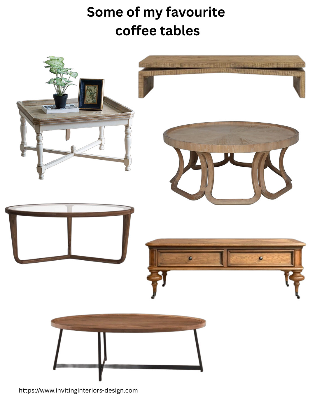 Some of my favourite coffee tables!

Styles lnclude: 
Cottage Country
Modern Organic
Mid Century Modern 
New Coastal
French Country
Metropolitan

#coffeetable #accenttable #furniture #springdecor #wayfairdeals #wayfairhome #amazonmusthaves #homedecor #invitinginteriors 

 

 #LTKhome #LTKstyletip #LTKfamily