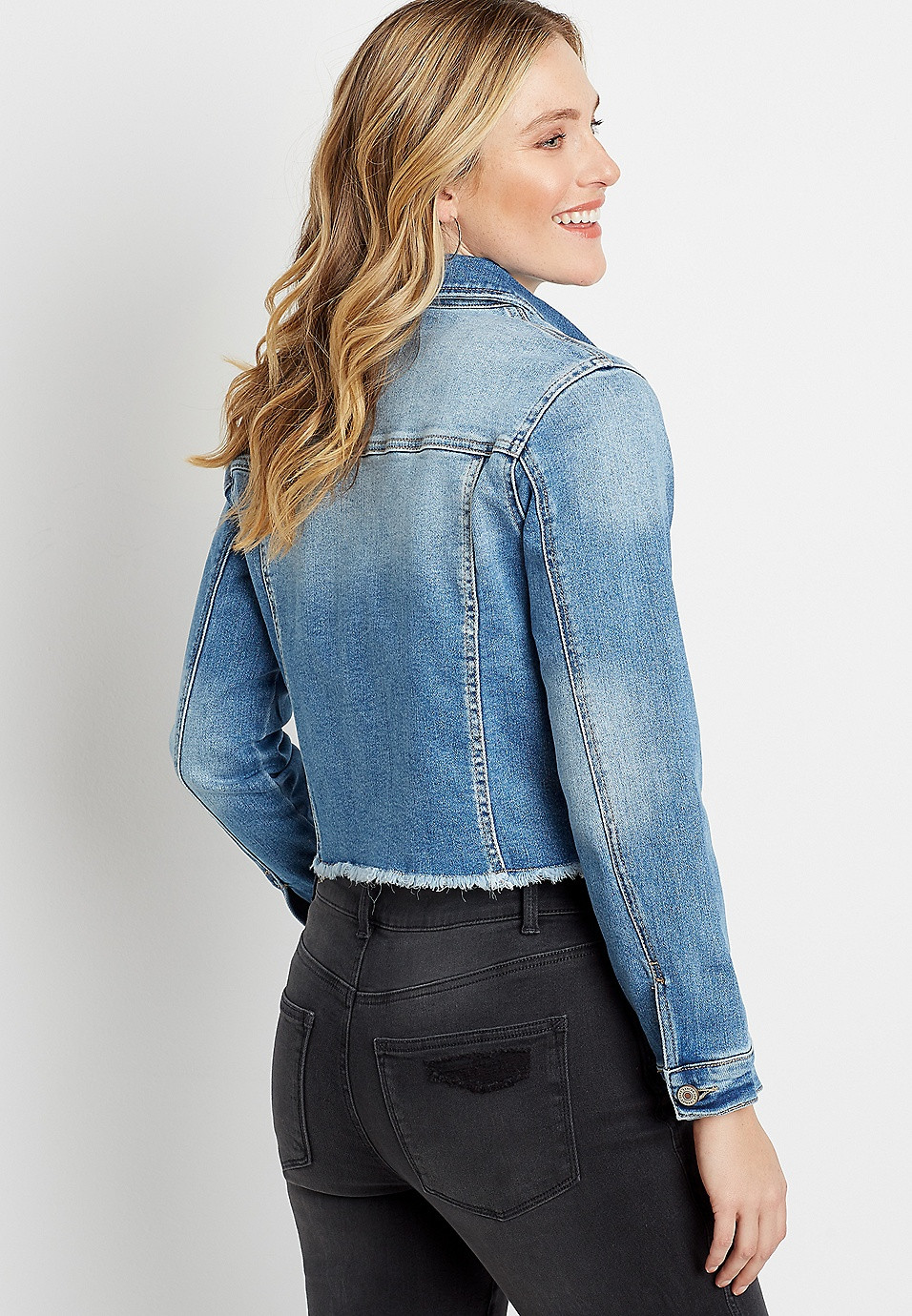 KanCan™ Medium Wash Fray Hem Denim Jacket | Maurices