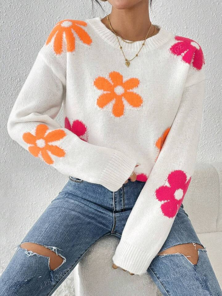 Floral Pattern Drop Shoulder Sweater | SHEIN